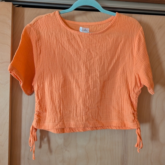 just be Tops - just be Orange Muslin Short-Sleeve Drawstring Crop Top